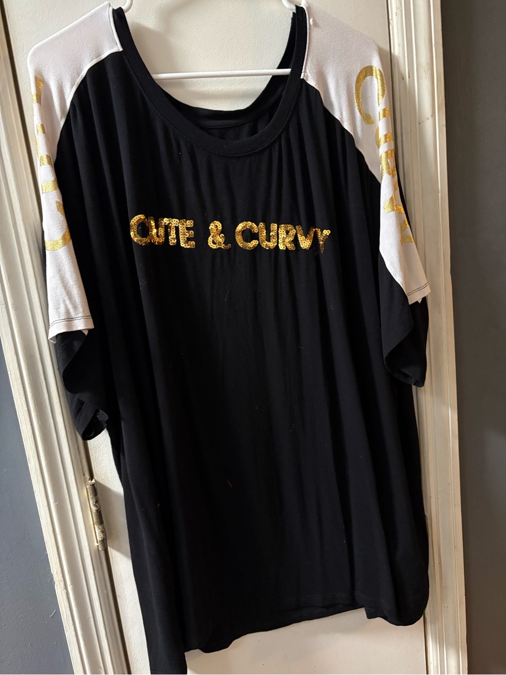 Ashley Stewart Black Tee w/ White Raglan Sleeves and Gold Sequin Logo size 30/32